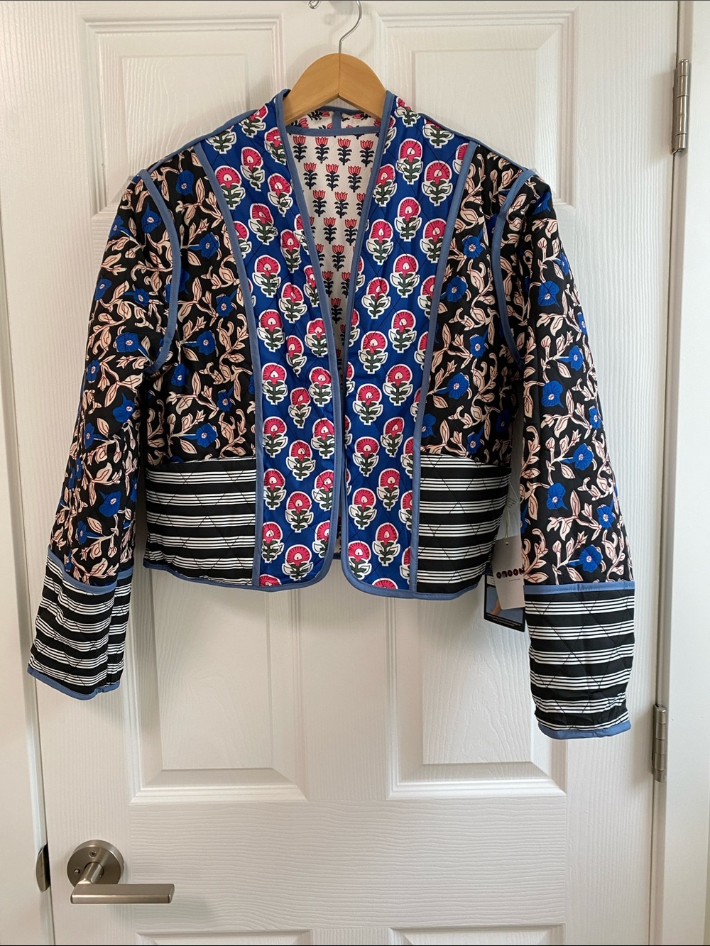 Reversible Quilted Floral & Stripe Cropped Jacket - Blue Multi